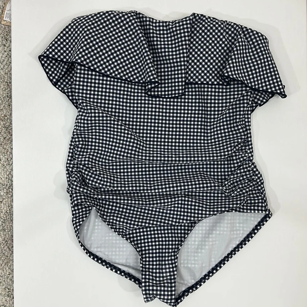 Kona Sol Blue Gingham swimsuit with bandeau flounce top accent Fully lined - Picture 4 of 12